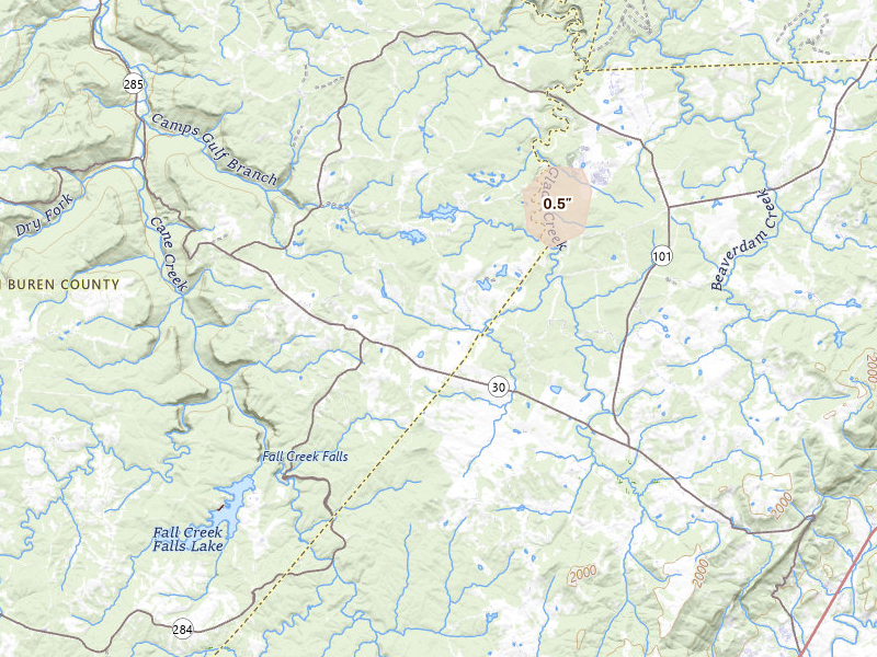Radar-estimated hail-size map of the storm over Pikeville, TN on Sep 4, 2026