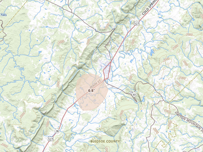 Radar-estimated hail-size map of the storm over Pikeville, TN