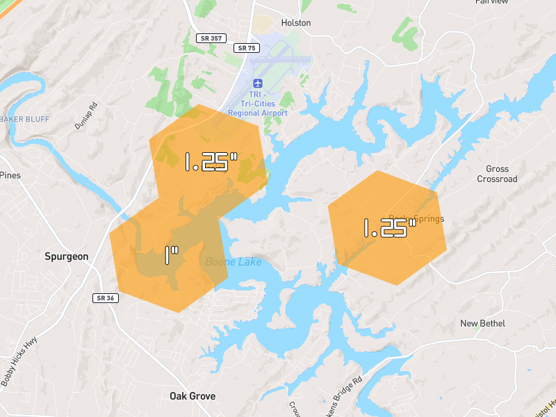 Hail map of Piney Flats, TN on Jul 28, 2026, hail up to 1.25"