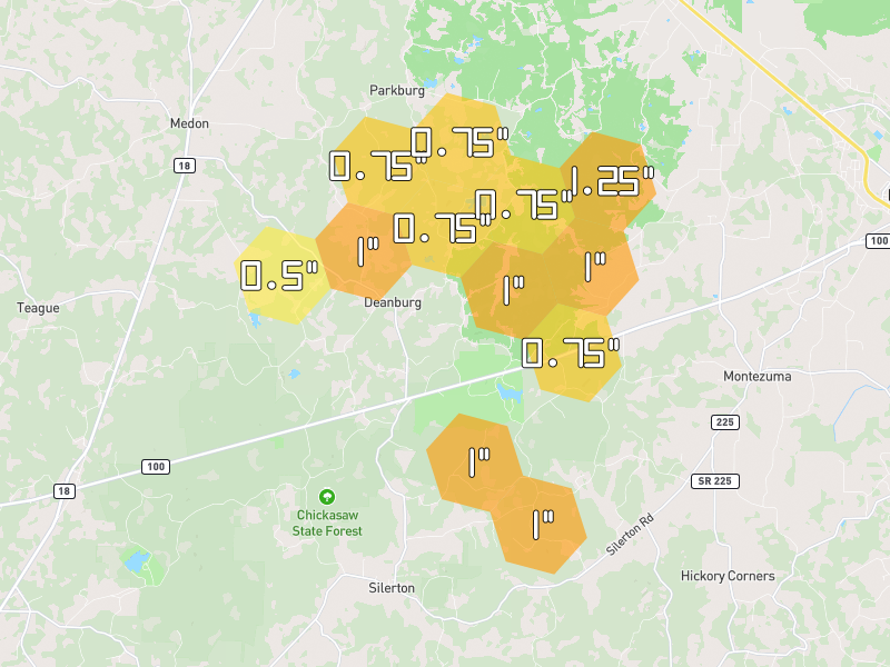 Hail map of Pinson, TN on Jul 1, 2026, hail up to 1.25"