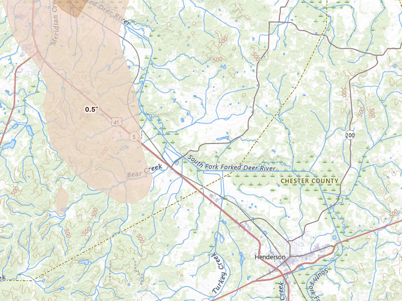 Radar-estimated hail-size map of the storm over Pinson, TN on Jul 3, 2026