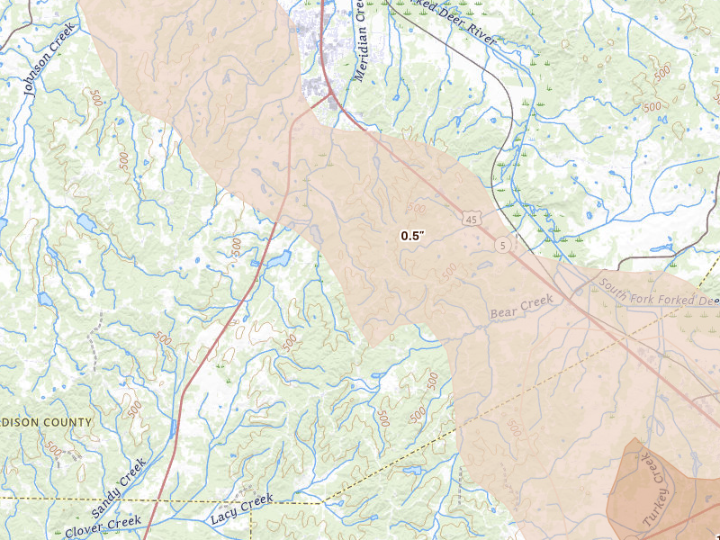 Radar-estimated hail-size map of the storm over Pinson, TN on Aug 26, 2026