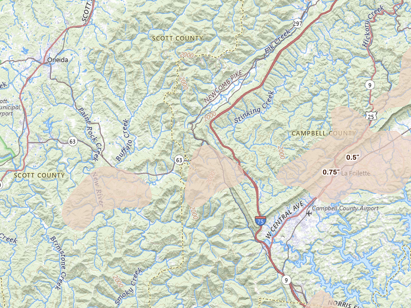 Radar-estimated hail-size map of the storm over Pioneer, TN on Jul 3, 2026