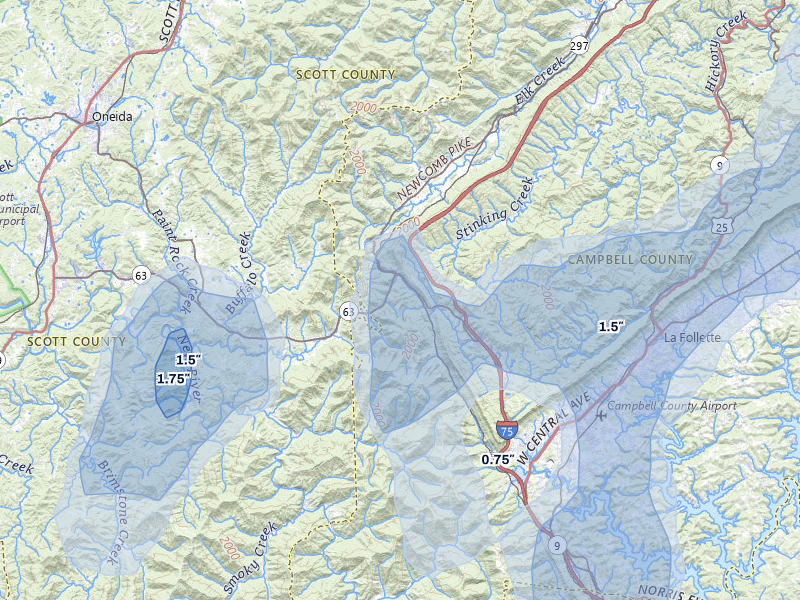 NEXRAD radar-signature map of the hail storm over Pioneer, TN on Jul 3, 2026