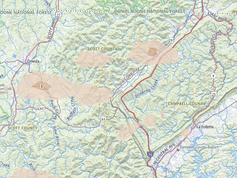Radar-estimated hail-size map of the storm over Pioneer, TN on Aug 17, 2026