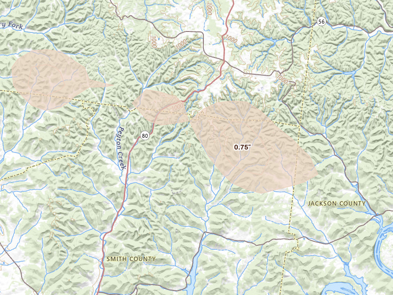 Radar-estimated hail-size map of the storm over Pleasant Shade, TN on Aug 6, 2026