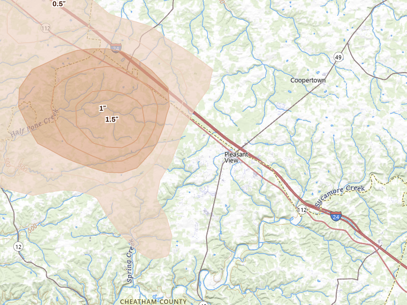Radar-estimated hail-size map of the storm over Pleasant View, TN on Jul 2, 2026