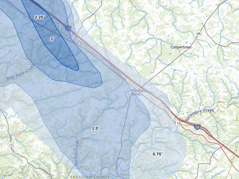 NEXRAD radar-signature map of the hail over Pleasant View, TN
