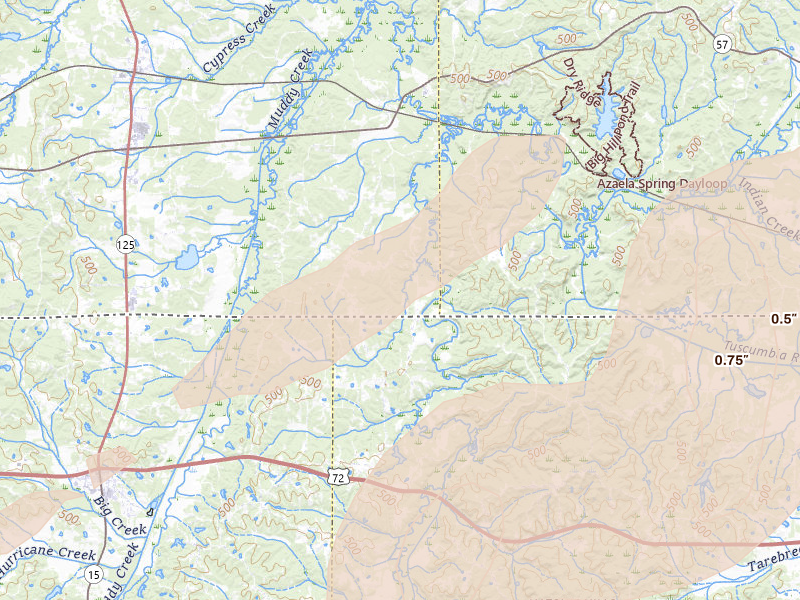 Radar-estimated hail-size map of the storm over Pocahontas, TN on Mar 15, 2026
