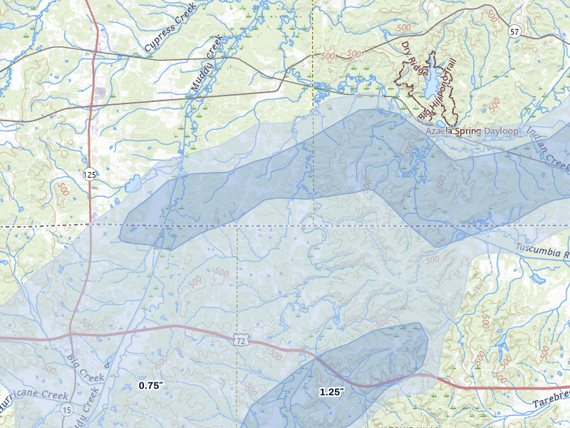 NEXRAD radar-signature map of the hail over Pocahontas, TN