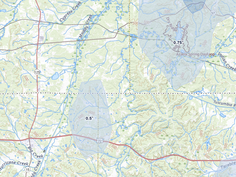 NEXRAD radar-signature map of the hail storm over Pocahontas, TN on Jul 3, 2026