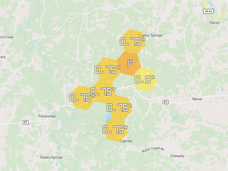 Hail map of Pocahontas, TN on Jul 3, 2026, hail up to 1"