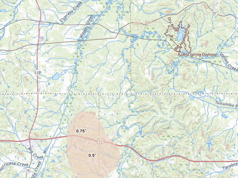 Radar-estimated hail-size map of the storm over Pocahontas, TN on Jul 4, 2026