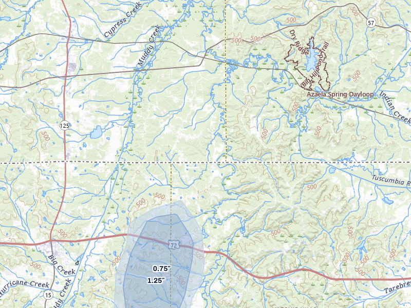 NEXRAD radar-signature map of the hail over Pocahontas, TN