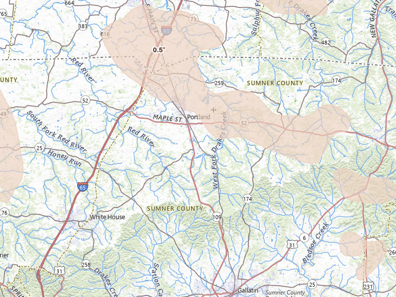 Radar-estimated hail-size map of the storm over Portland, TN on Jul 21, 2026