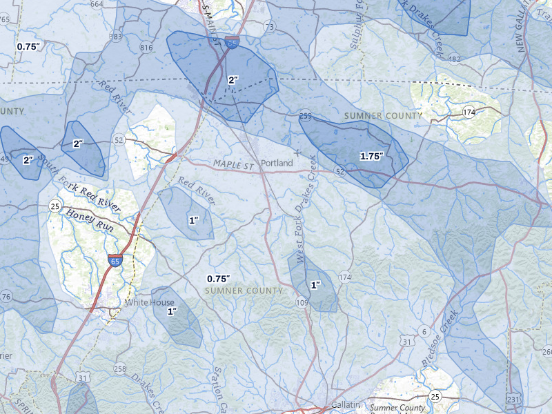 NEXRAD radar-signature map of the hail over Portland, TN