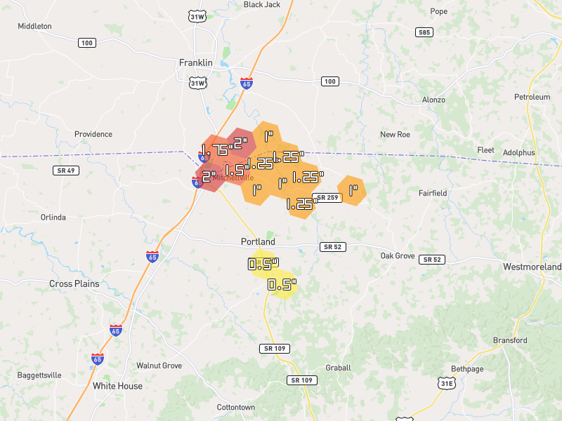 Hail map of Portland, TN on Jul 21, 2026, hail up to 2"