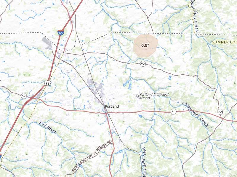 Radar-estimated hail-size map of the storm over Portland, TN on Aug 8, 2026