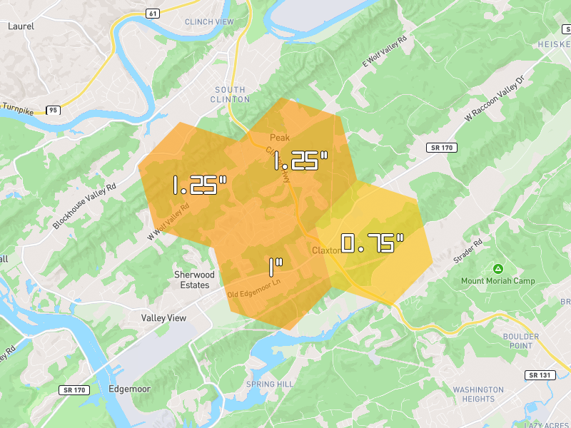 Hail map of Powell, TN on Jul 3, 2026, hail up to 1.25"
