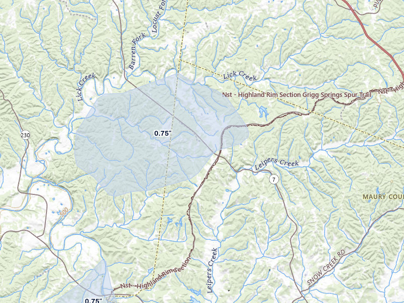 NEXRAD radar-signature map of the hail over Primm Springs, TN
