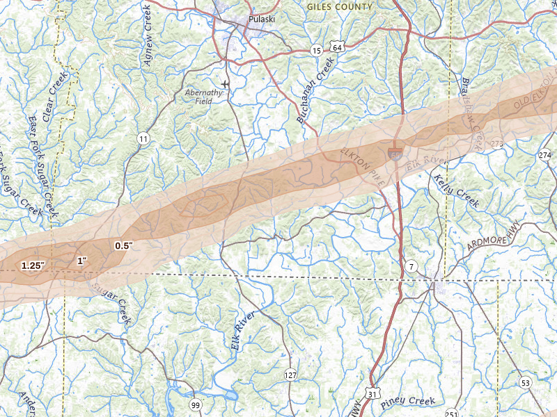 Radar-estimated hail-size map of the storm over Prospect, TN on Feb 26, 2026