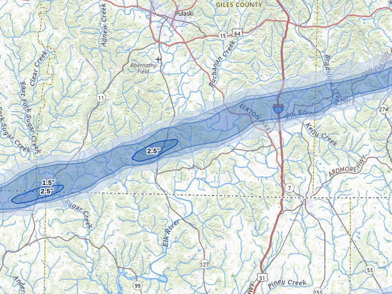 NEXRAD radar-signature map of the hail over Prospect, TN