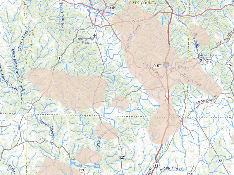 Radar-estimated hail-size map of the storm over Prospect, TN on Jun 1, 2026