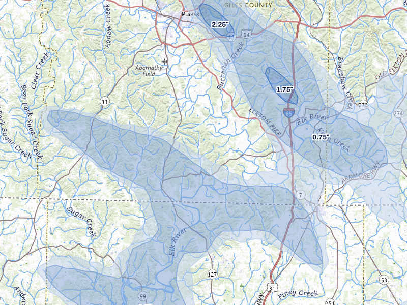 NEXRAD radar-signature map of the hail over Prospect, TN
