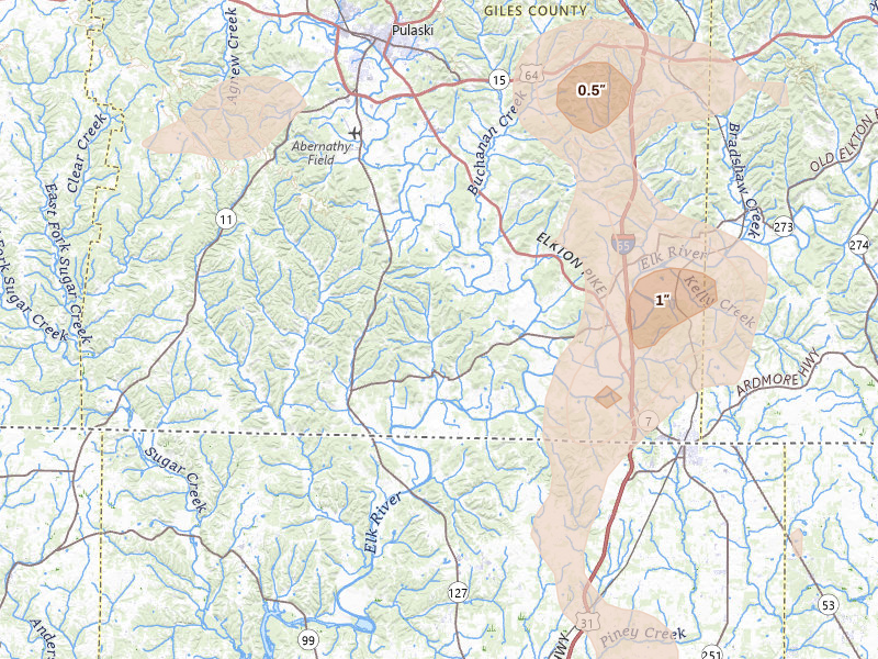 Radar-estimated hail-size map of the storm over Prospect, TN on Jul 3, 2026