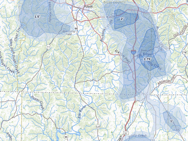 NEXRAD radar-signature map of the hail storm over Prospect, TN on Jul 3, 2026