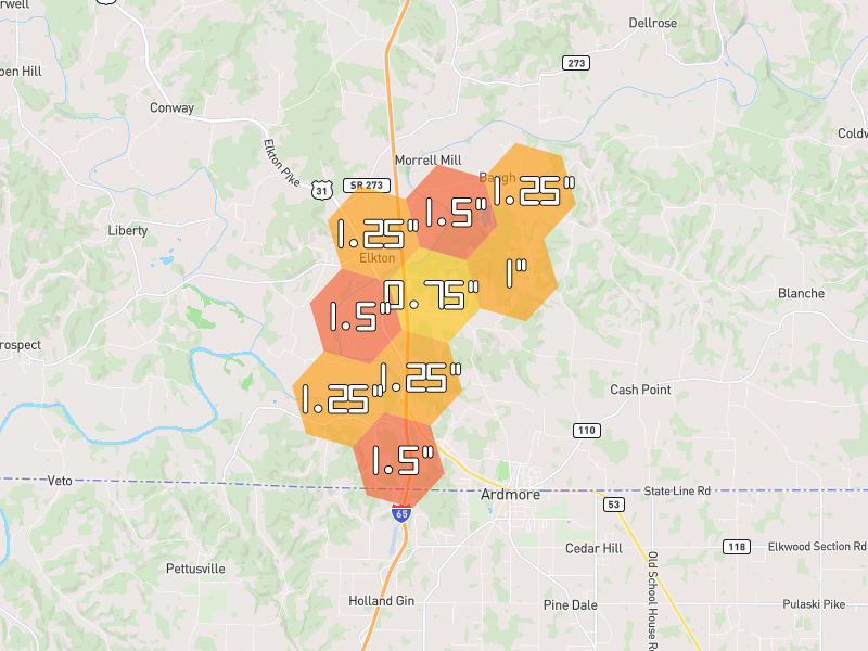 Hail map of Prospect, TN on Jul 3, 2026, hail up to 1.5"