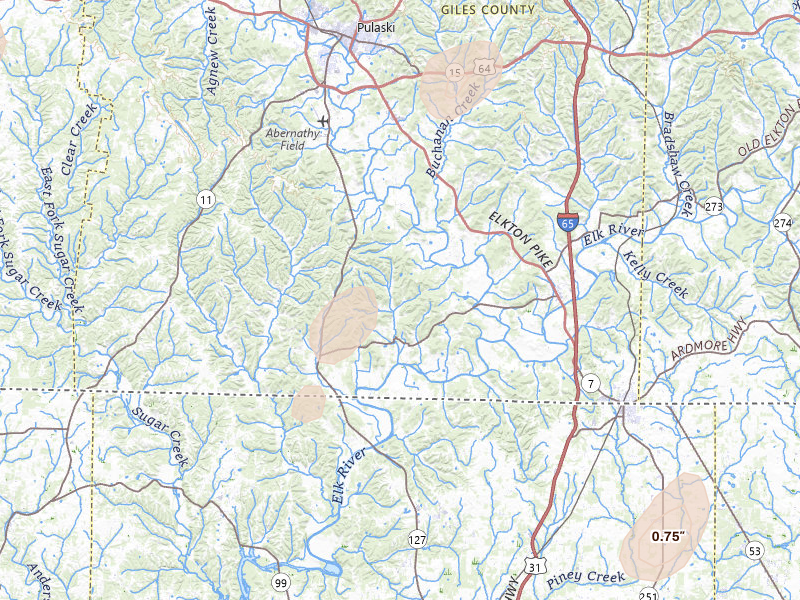 Radar-estimated hail-size map of the storm over Prospect, TN on Jul 5, 2026