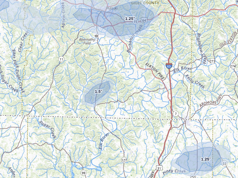 NEXRAD radar-signature map of the hail storm over Prospect, TN on Jul 5, 2026