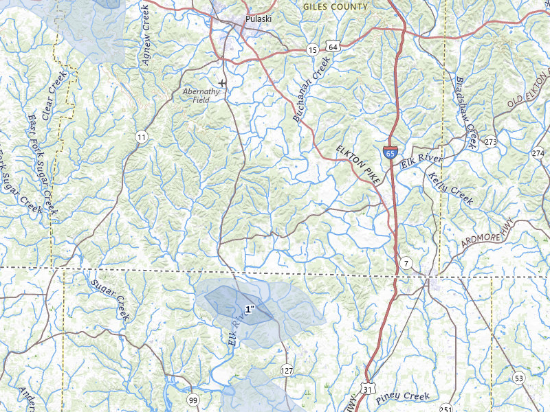 NEXRAD radar-signature map of the hail storm over Prospect, TN on Jul 9, 2026