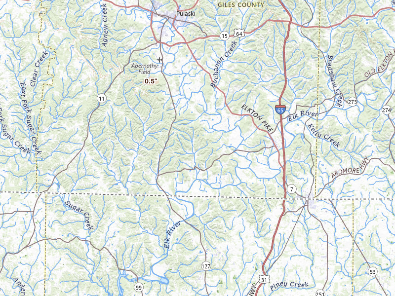 Radar-estimated hail-size map of the storm over Prospect, TN on Jul 11, 2026