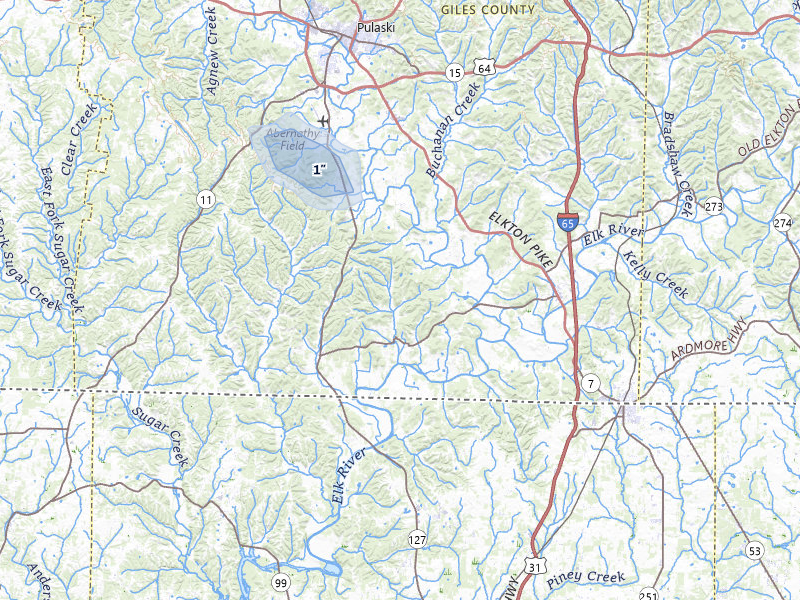NEXRAD radar-signature map of the hail storm over Prospect, TN on Jul 11, 2026