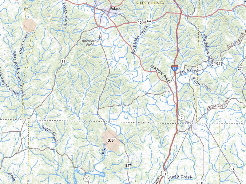Radar-estimated hail-size map of the storm over Prospect, TN on Jul 18, 2026