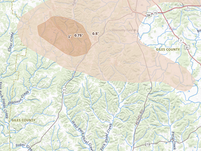 Radar-estimated hail-size map of the storm over Prospect, TN on Aug 20, 2026
