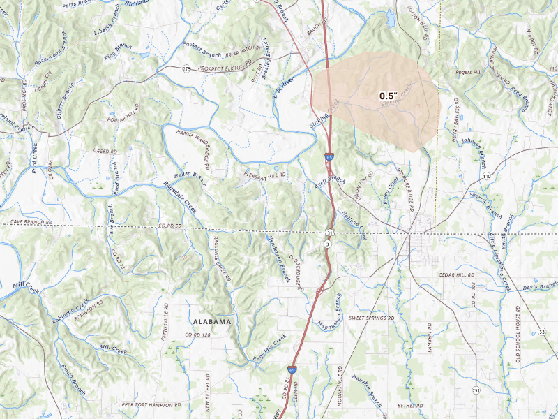 Radar-estimated hail-size map of the storm over Prospect, TN