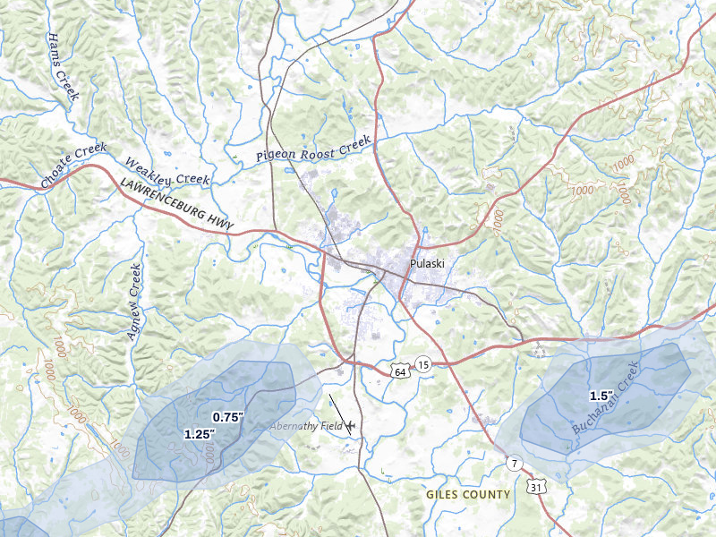 NEXRAD radar-signature map of the hail over Pulaski, TN
