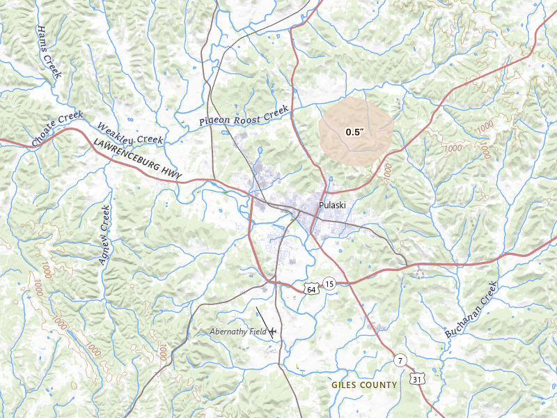 Radar-estimated hail-size map of the storm over Pulaski, TN on May 20, 2026