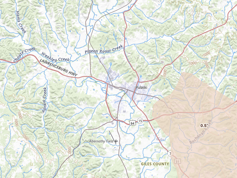 Radar-estimated hail-size map of the storm over Pulaski, TN on Jun 1, 2026
