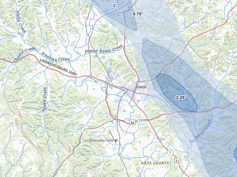 NEXRAD radar-signature map of the hail storm over Pulaski, TN on Jun 1, 2026