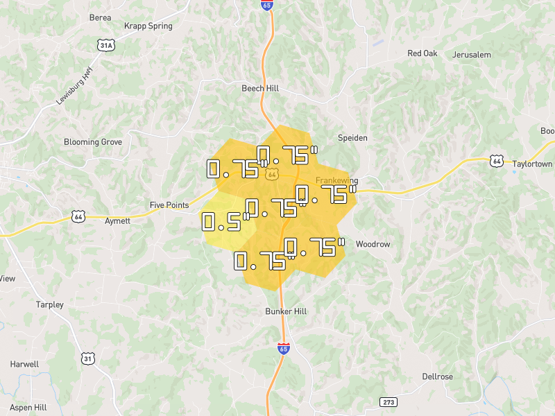 Hail map of Pulaski, TN on Jul 2, 2026, hail up to 0.75"