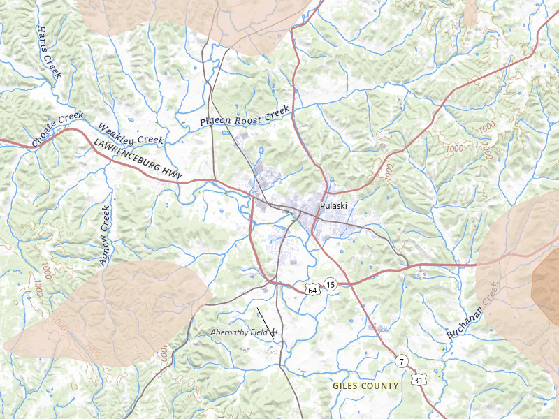 Radar-estimated hail-size map of the storm over Pulaski, TN on Jul 3, 2026