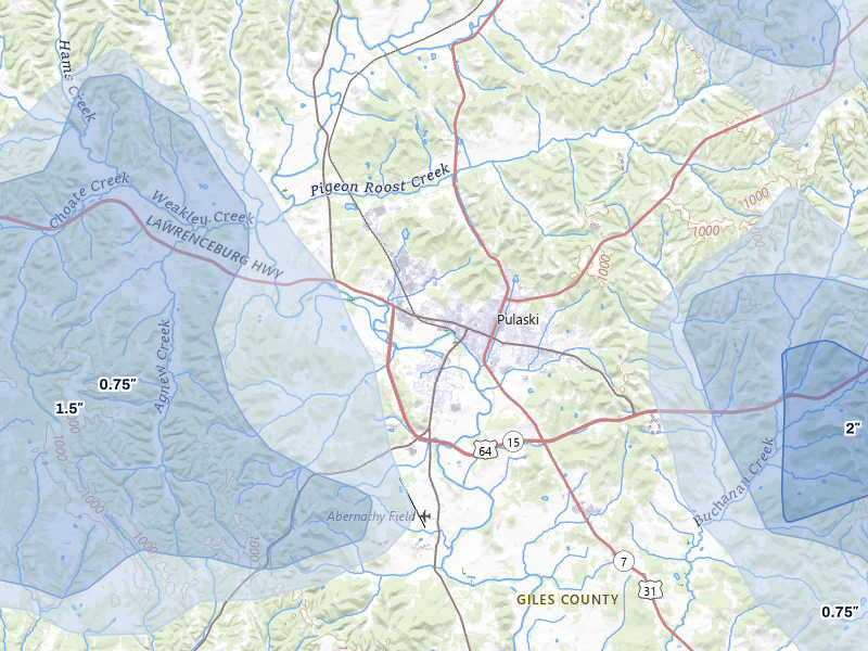 NEXRAD radar-signature map of the hail storm over Pulaski, TN on Jul 3, 2026