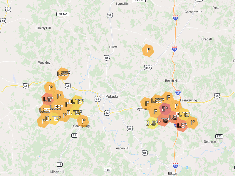 Hail map of Pulaski, TN on Jul 3, 2026, hail up to 2"