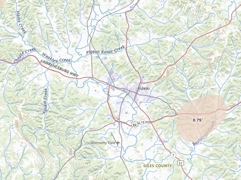 Radar-estimated hail-size map of the storm over Pulaski, TN on Jul 5, 2026