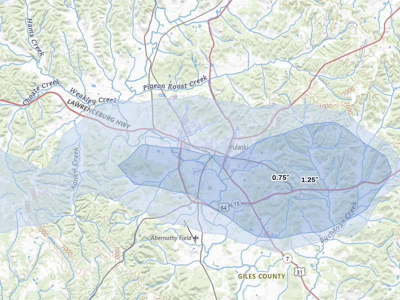 NEXRAD radar-signature map of the hail storm over Pulaski, TN on Jul 5, 2026