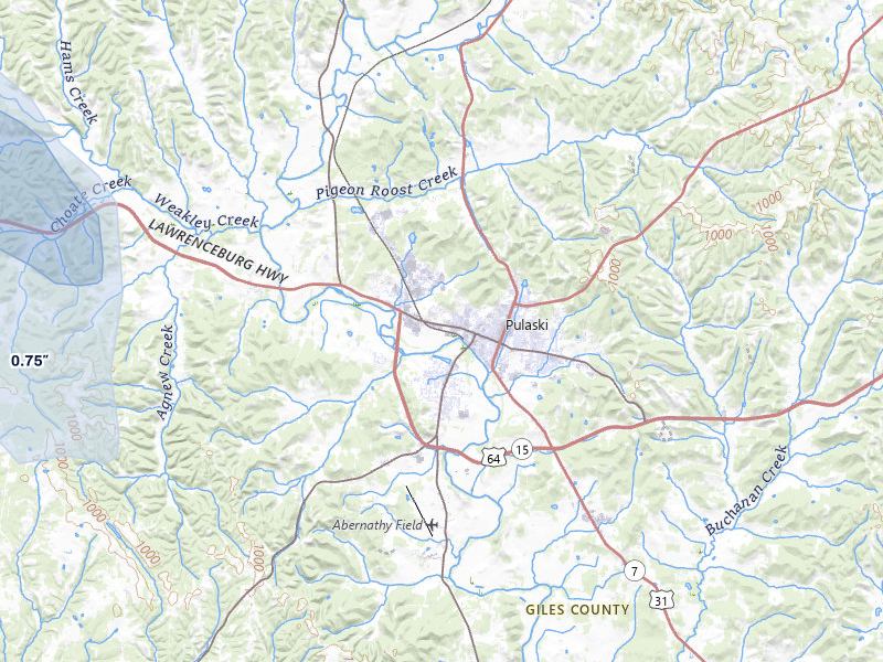 NEXRAD radar-signature map of the hail storm over Pulaski, TN on Jul 9, 2026